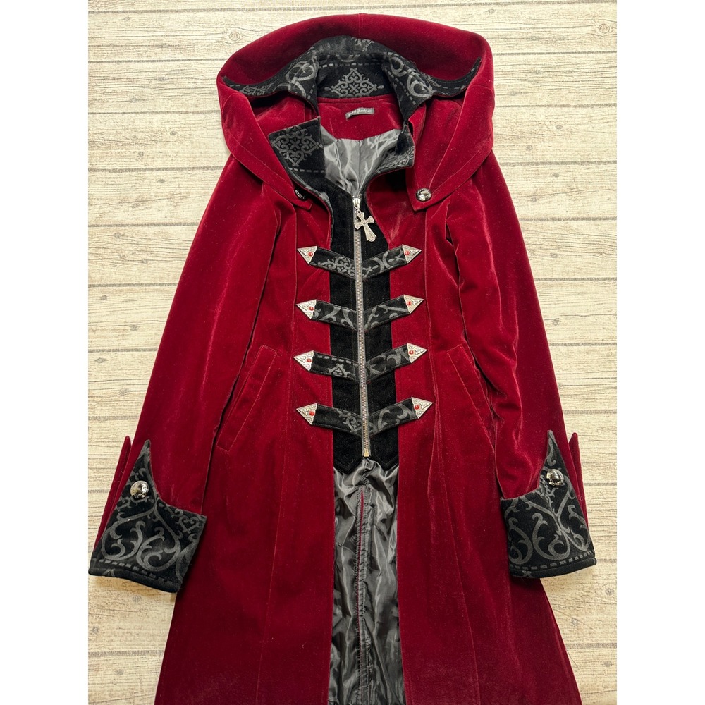 Devil Fashion Gothic Coat Womens S Wine Red Velvet Hooded Victorian Brocade